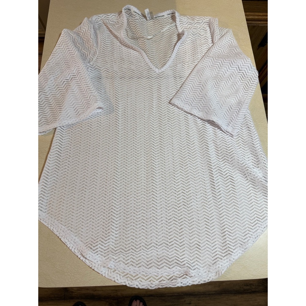 Calvin Klein White Chevron Crochet Knit V-Neck Swimsuit Cover Up Tunic Small